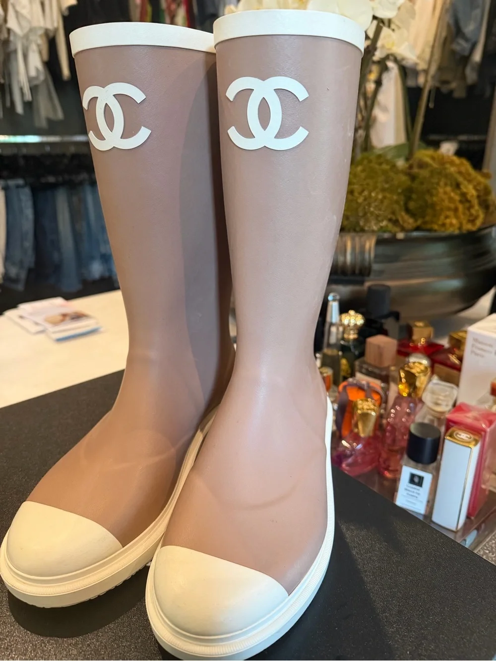 CHANEL Pink Beige Rain Boots with White Trim and Logo